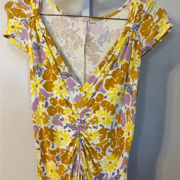 Free People Floral Ruched V Neck Midi Dress Yellow Purple XS - Picture 2 of 5